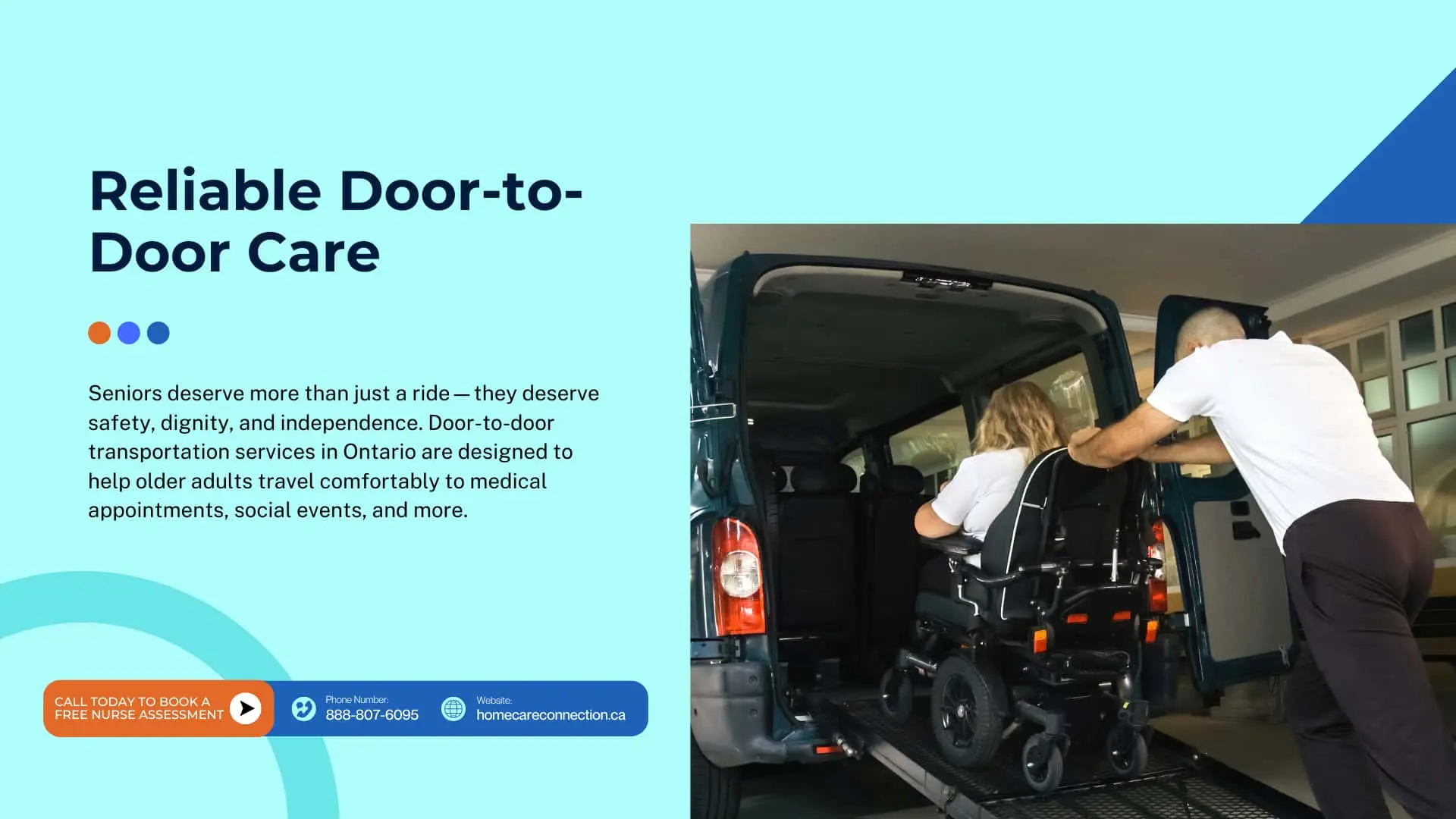 Caregiver assisting senior in wheelchair into accessible van, door-to-door senior transportation services in Ontario for medical and social travel.