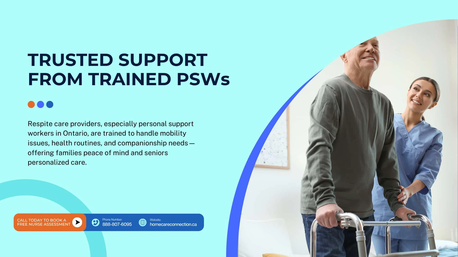 Personal support worker in Ontario assisting senior man with walker during respite care session.