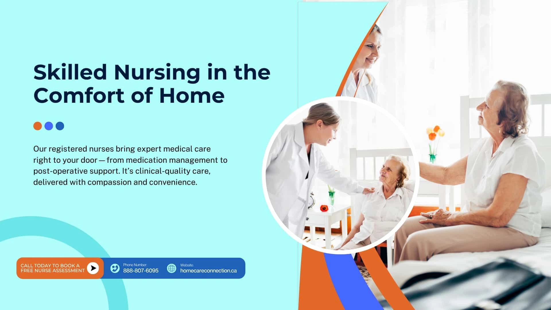 Registered nurse providing skilled nursing care to senior woman at home.