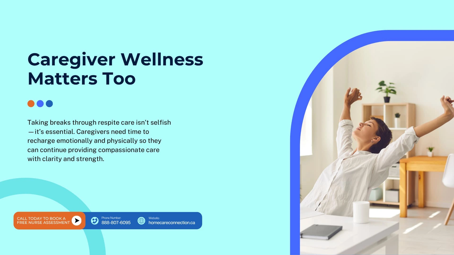 Caregiver stretching and recharging at home – importance of respite care and wellness support.