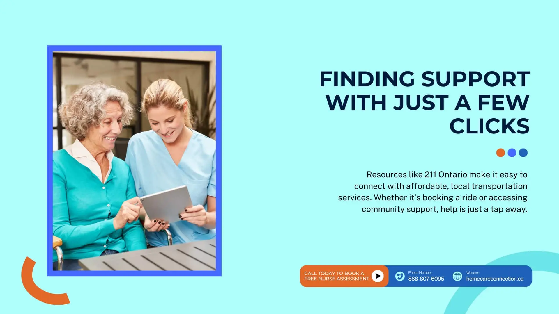 Caregiver helping senior woman navigate transportation services on a tablet – accessing local support resources in London, Ontario.