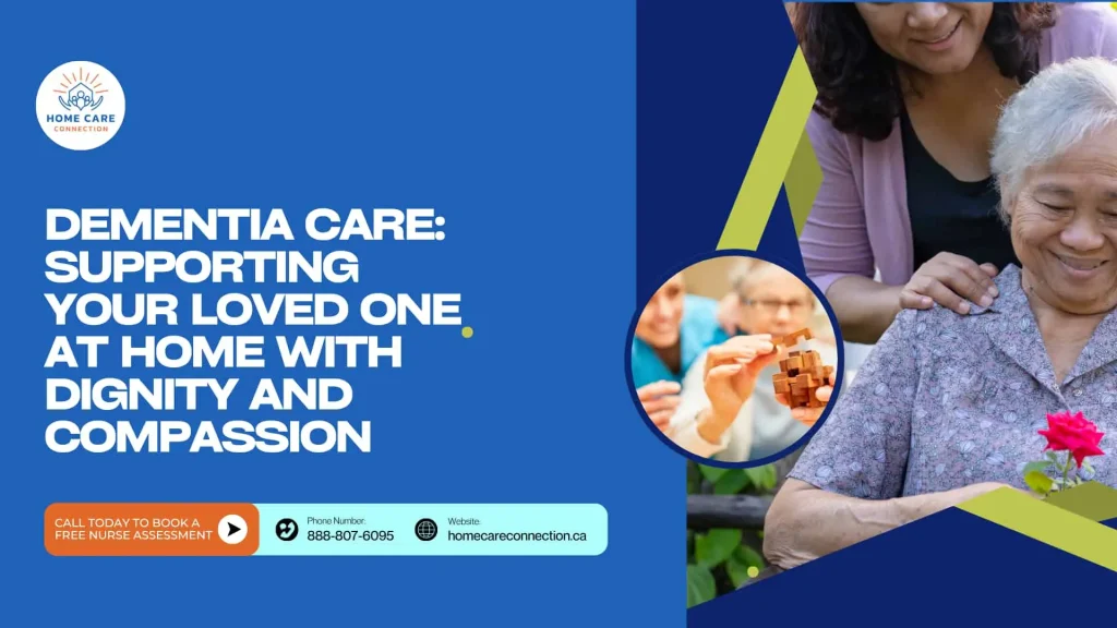 Elderly woman smiling with caregiver support, dementia care at home with dignity and compassion.