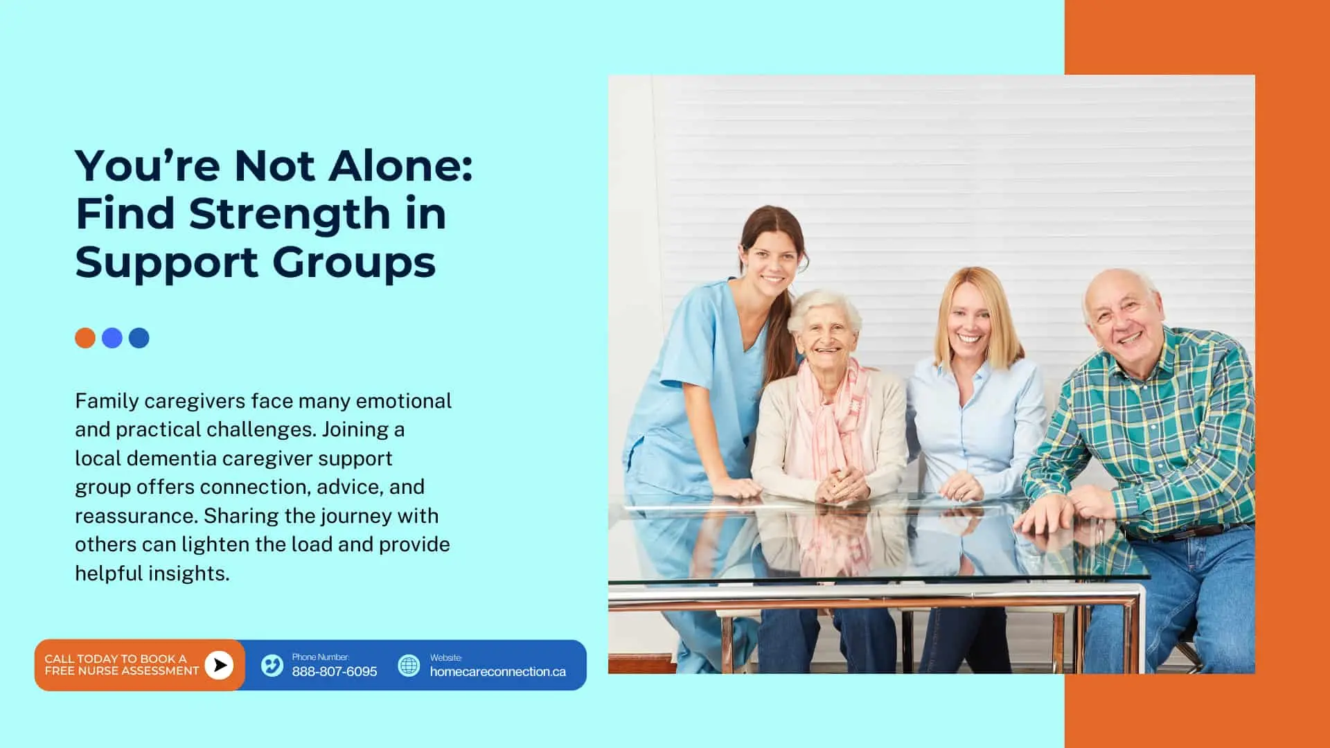 Elderly woman sitting with caregivers and family members, smiling together to highlight dementia support groups for seniors.